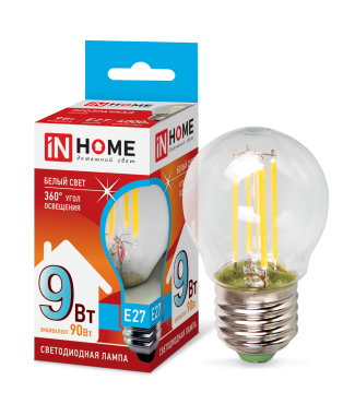 Лампа светодиодная LED-ШАР-deco 9Вт 230В E27 4000K 810Лм прозр. IN HOME 4690612026282