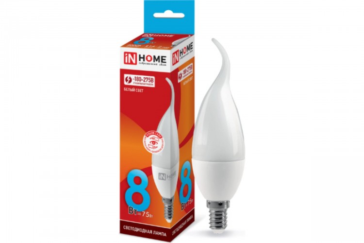 Лампа светодиодная LED-Свеча на ветру-VC 8Вт 230В 4000K 760Лм E14 INHOME 4690612030432