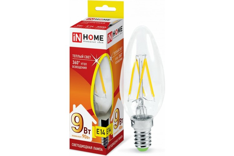 Лампа светодиодная LED-СВЕЧА-deco 9Вт 230В E14 3000K 1040Лм прозр. InHOME 4690612026183