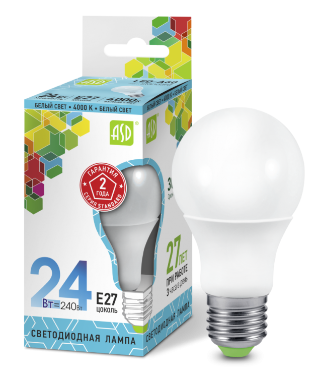 Лампа светодиодная LED-A60-standart 24Вт 230В Е27 4000К 2160Лм ASD 4690612014272
