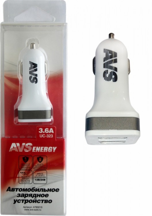USB автомобильное зарядное устройство AVS 2 порта UC-323 (3,6А)