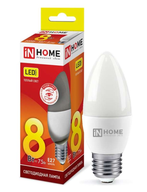 Лампа светодиодная LED-СВЕЧА-VC 8Вт 230В E27 3000K 760Лм InHOME 4690612020440