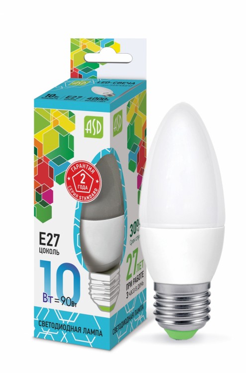 Лампа светодиодная LED-СВЕЧА-standart 10Вт 230В E27 4000К 900Лм ASD 4690612015545